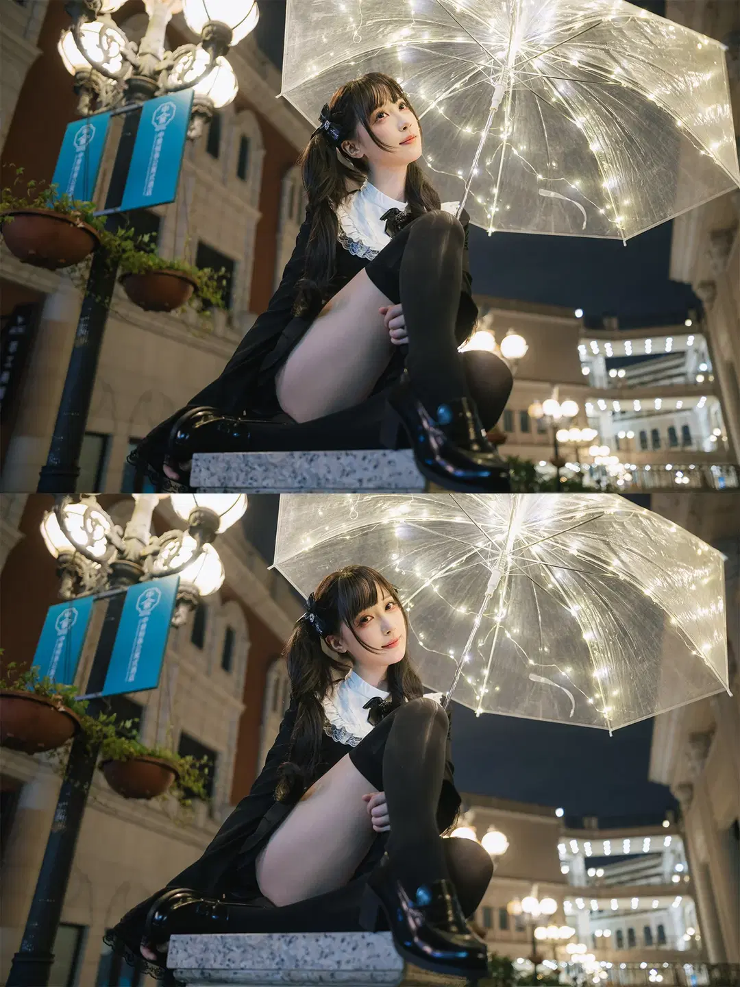 Dark Gothic Night Portrait: Transparent Glowing Umbrella & Black Tights Outfit by HIRO_午饭饭 - Image 18