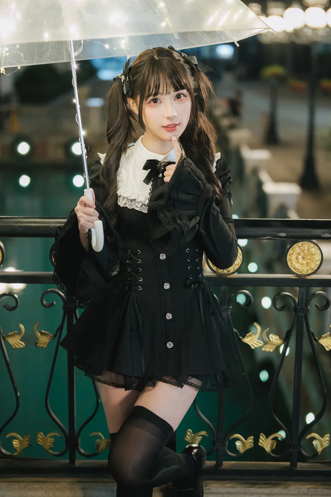 Dark Gothic Night Portrait: Transparent Glowing Umbrella & Black Tights Outfit by HIRO_午饭饭 - Image 2