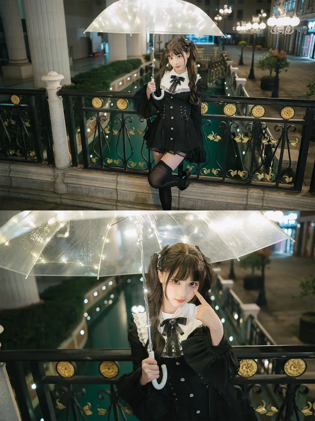 Dark Gothic Night Portrait: Transparent Glowing Umbrella & Black Tights Outfit by HIRO_午饭饭 - Image 3