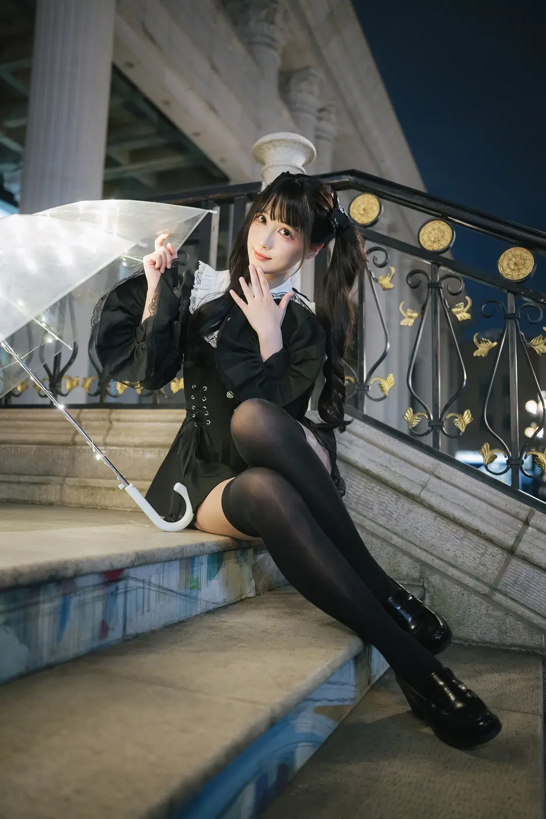 Dark Gothic Night Portrait: Transparent Glowing Umbrella & Black Tights Outfit by HIRO_午饭饭 - Image 7