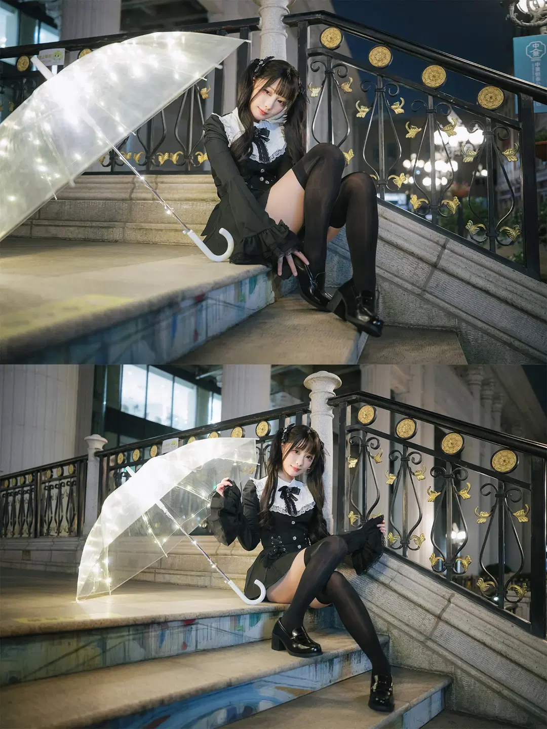 Dark Gothic Night Portrait: Transparent Glowing Umbrella & Black Tights Outfit by HIRO_午饭饭 - Image 8