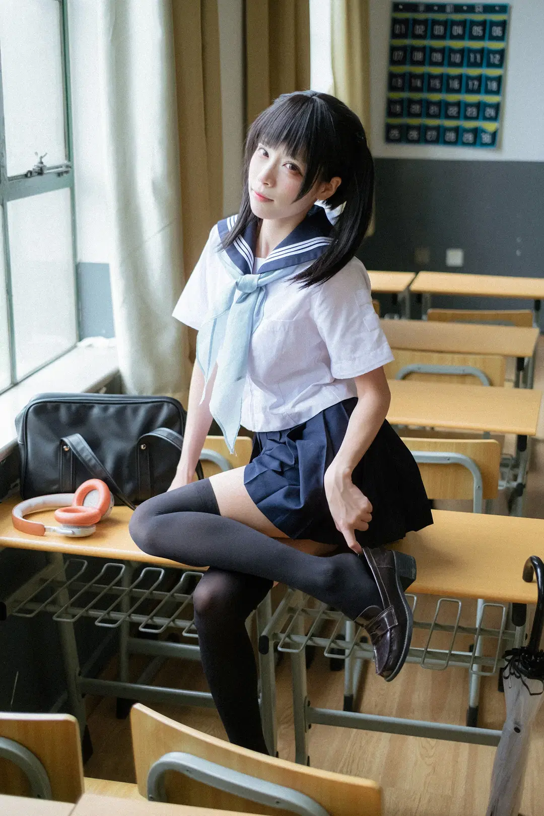JK制服, 水手服, 教室写真, 校园风cosplay, 黑丝长筒袜