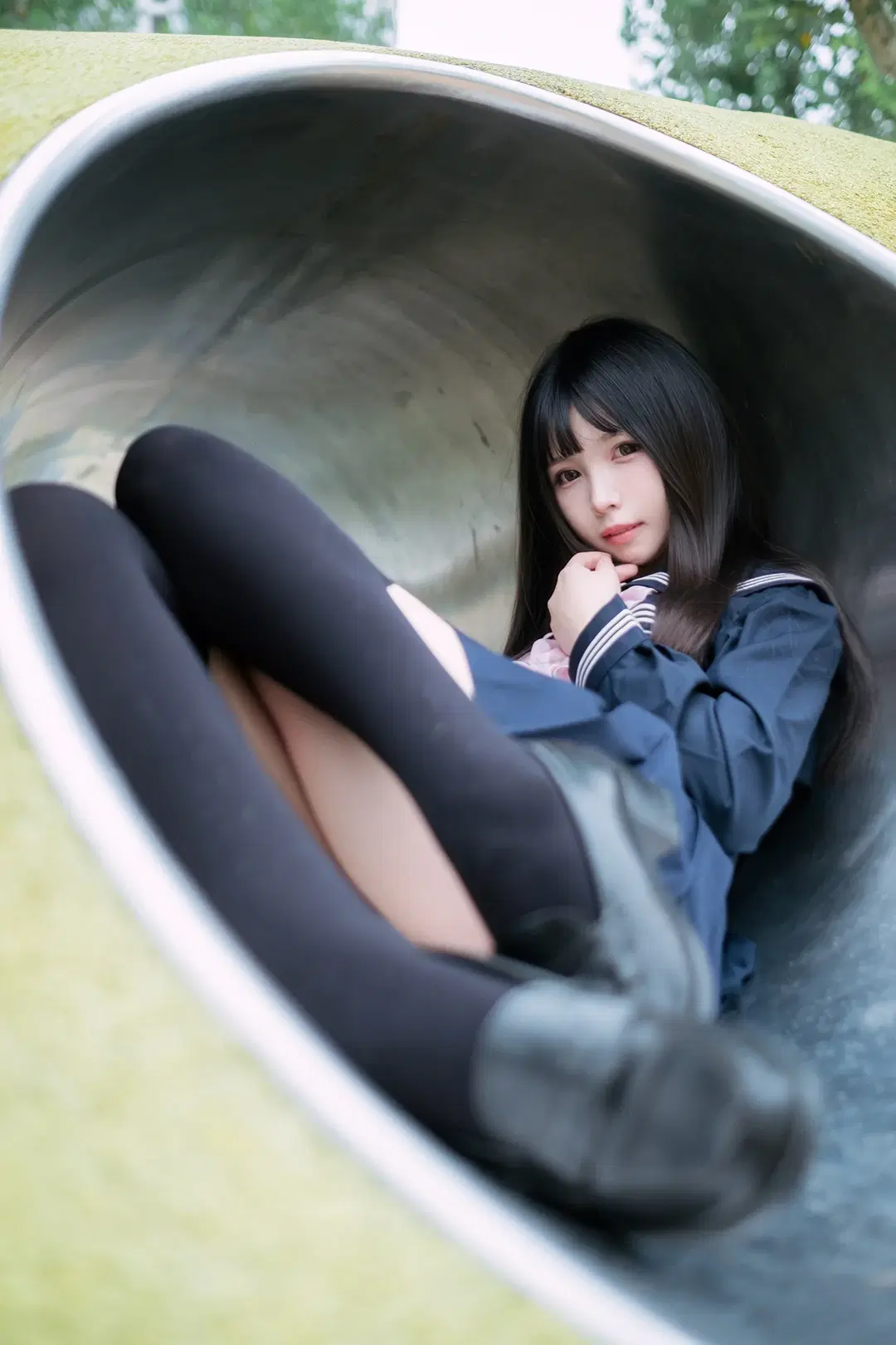 JK制服, cosplay摄影, 水手服写真, 黑丝过膝袜, 游乐场滑梯