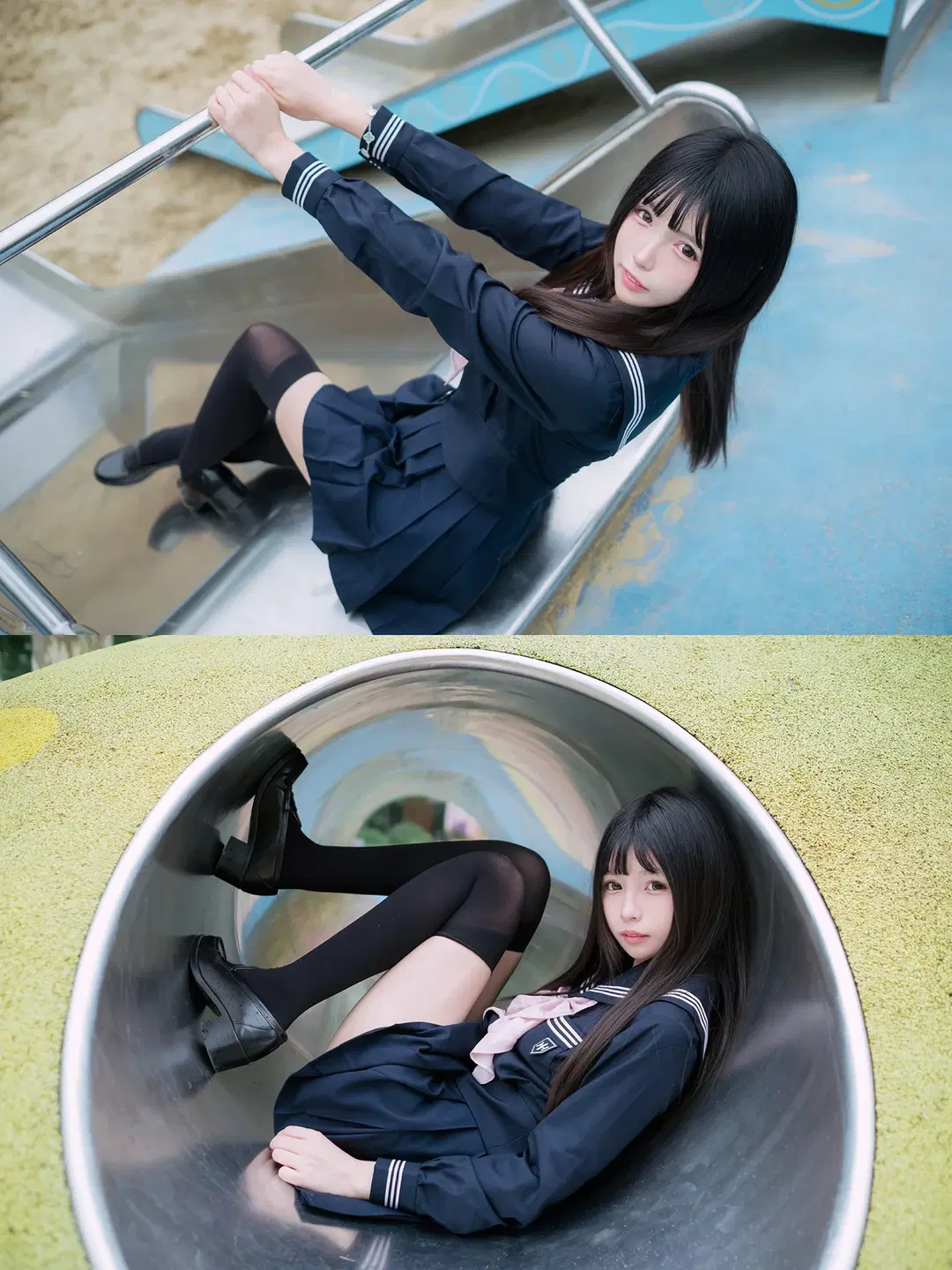 雨停后的水手服黑丝写真，游乐场滑梯拍摄日记 - HIRO_午饭饭 - 第5张