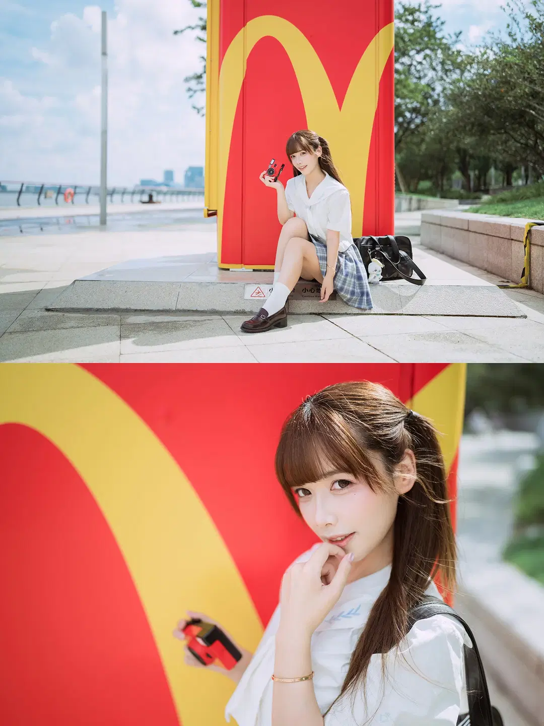 Twintails JK uniform cosplay Japanese style photography: Vintage camera and the river breeze by HIRO_午饭饭 - Image 10