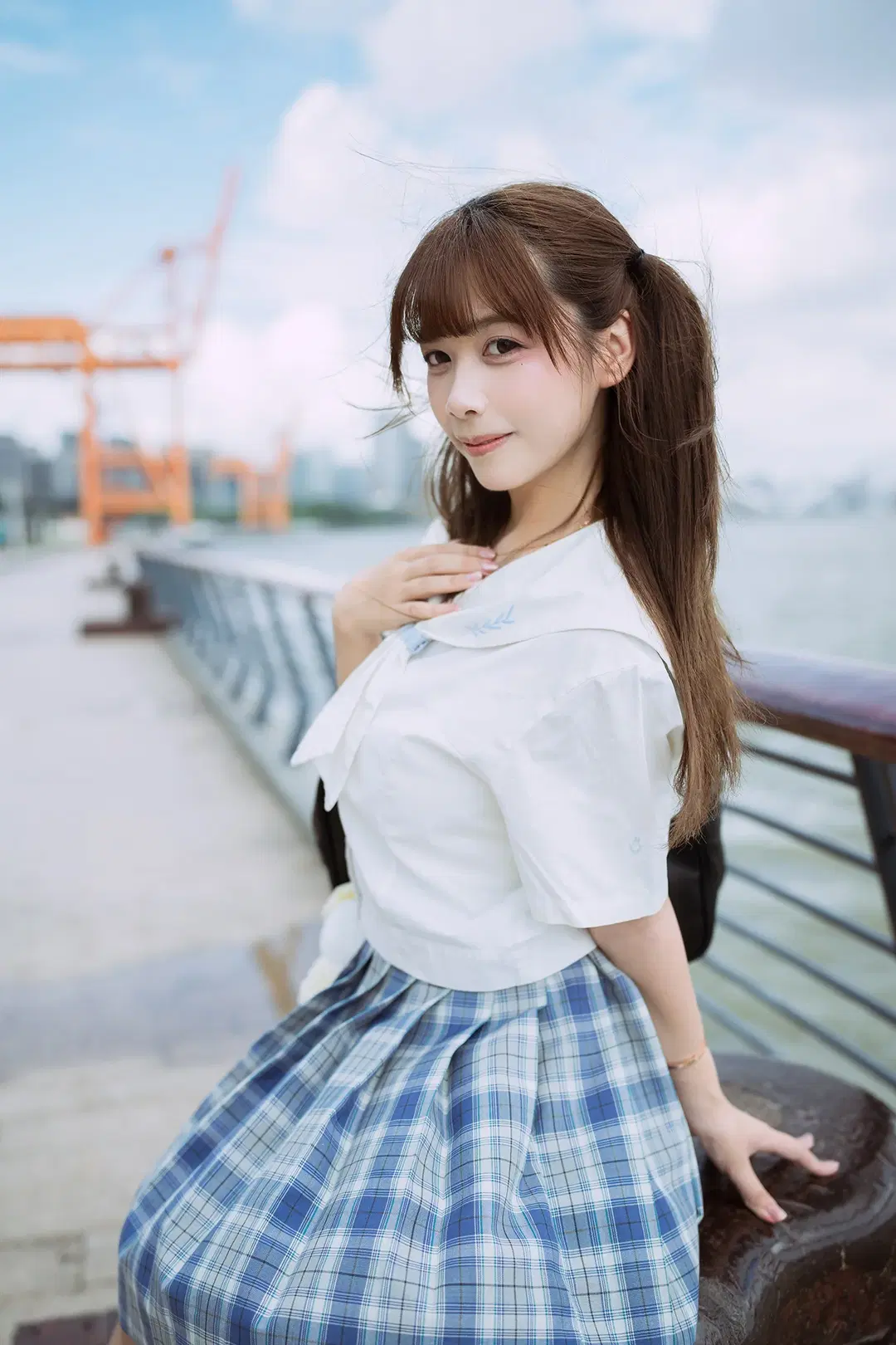 Twintails JK uniform cosplay Japanese style photography: Vintage camera and the river breeze by HIRO_午饭饭 - Image 12