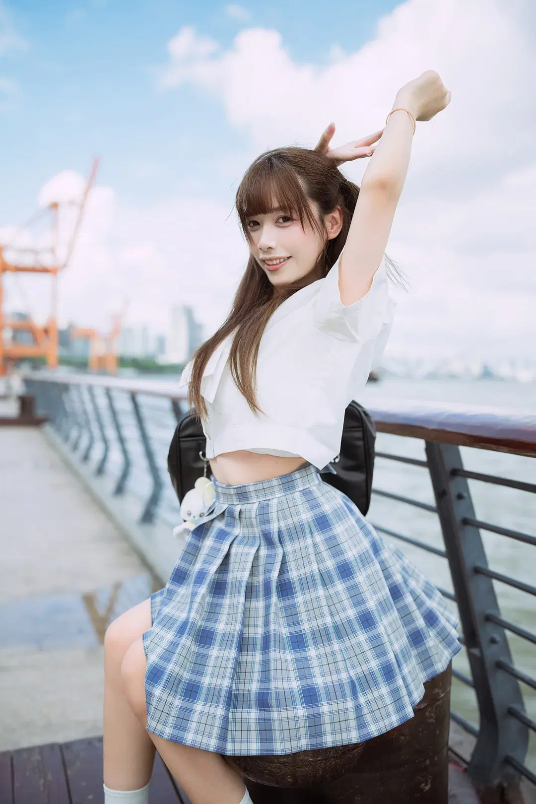 Twintails JK uniform cosplay Japanese style photography: Vintage camera and the river breeze by HIRO_午饭饭 - Image 14