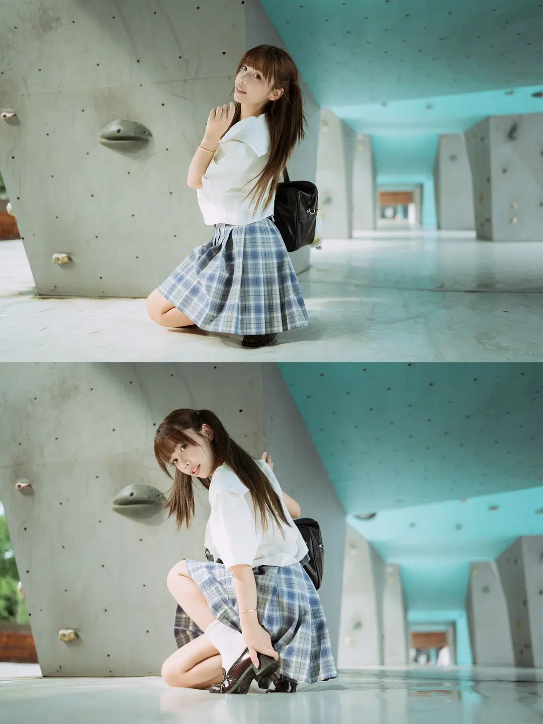 Twintails JK uniform cosplay Japanese style photography: Vintage camera and the river breeze by HIRO_午饭饭 - Image 2