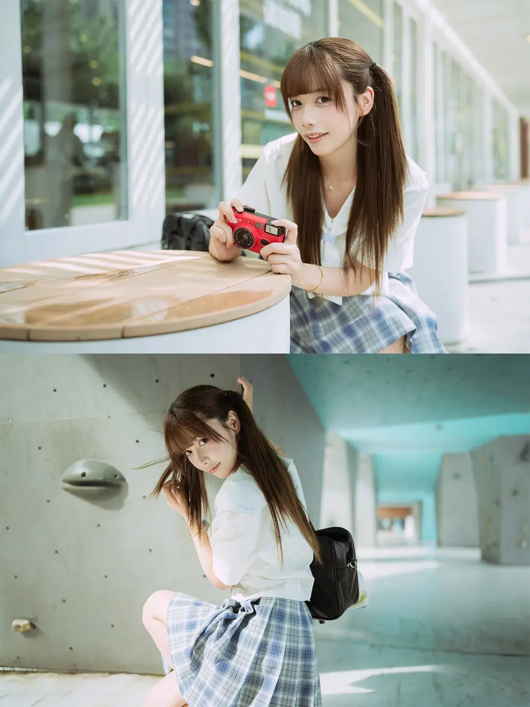 Twintails JK uniform cosplay Japanese style photography: Vintage camera and the river breeze by HIRO_午饭饭 - Image 4