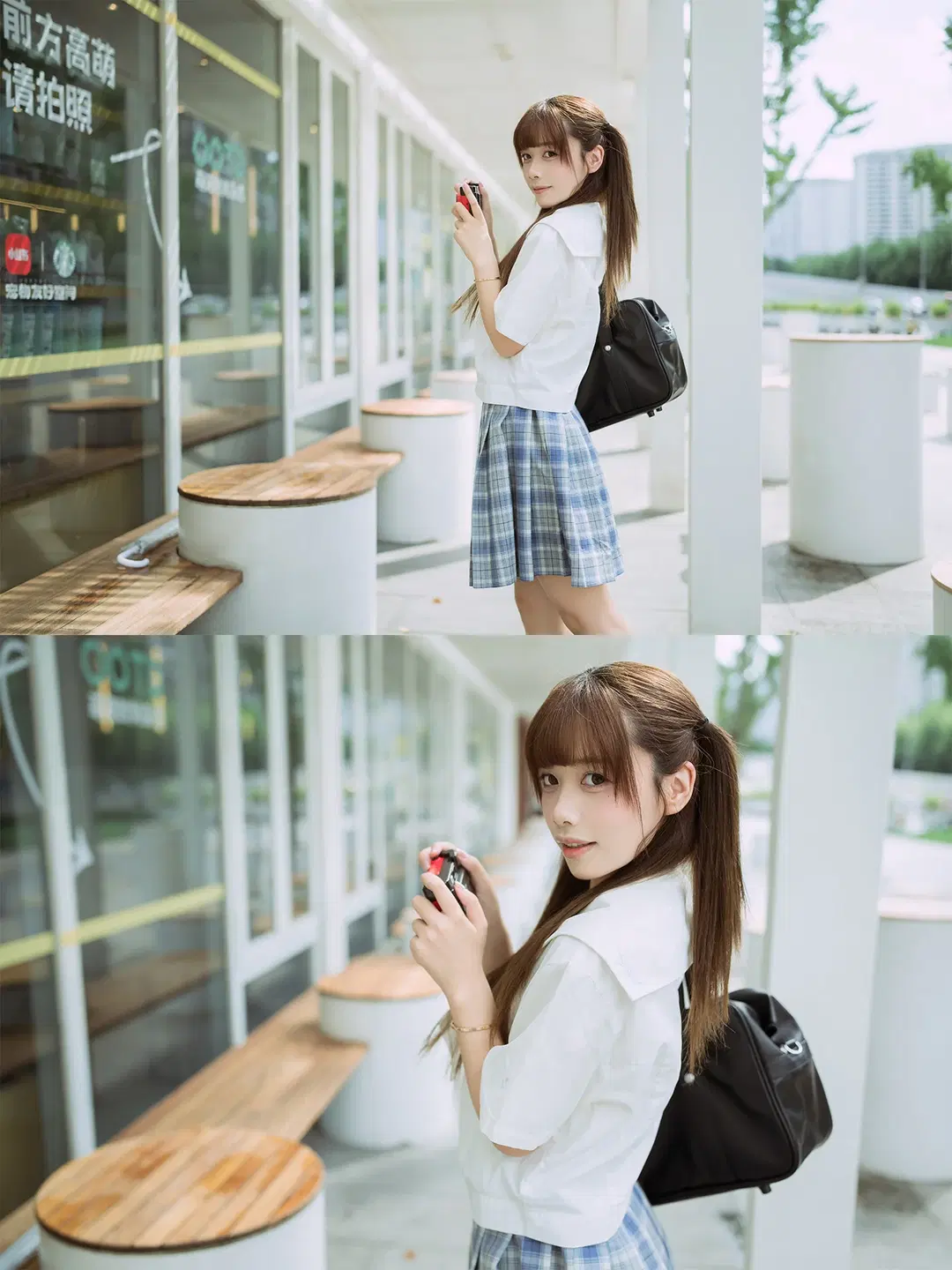 Twintails JK uniform cosplay Japanese style photography: Vintage camera and the river breeze by HIRO_午饭饭 - Image 6