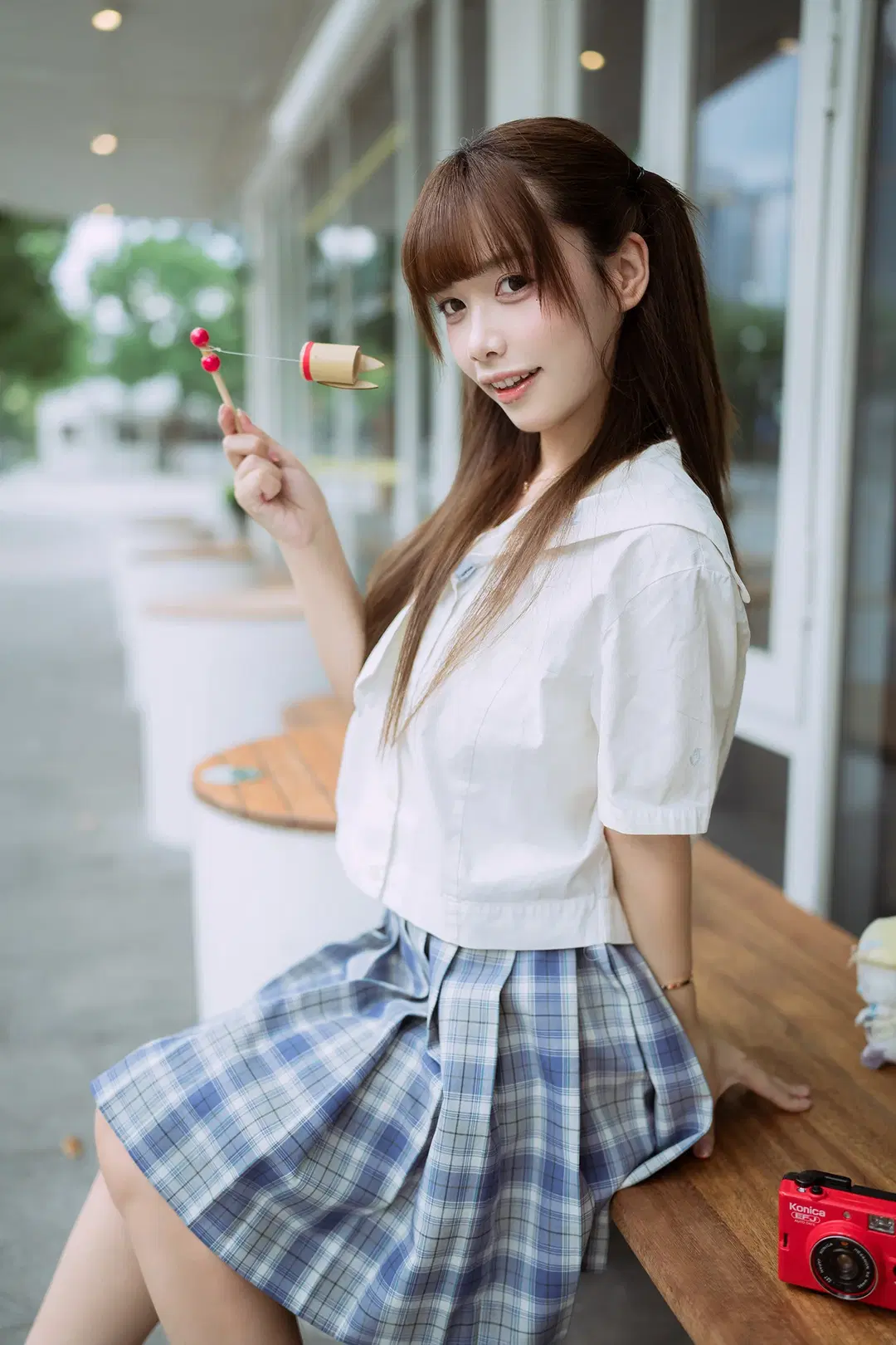Twintails JK uniform cosplay Japanese style photography: Vintage camera and the river breeze by HIRO_午饭饭 - Image 7