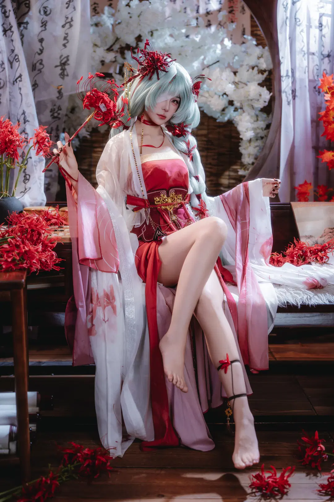 【鳴潮同人コスプレ】彼岸の夢に別れを告げて、紅白の古風とミントグリーンの邂逅 - 青阳 - 3枚目