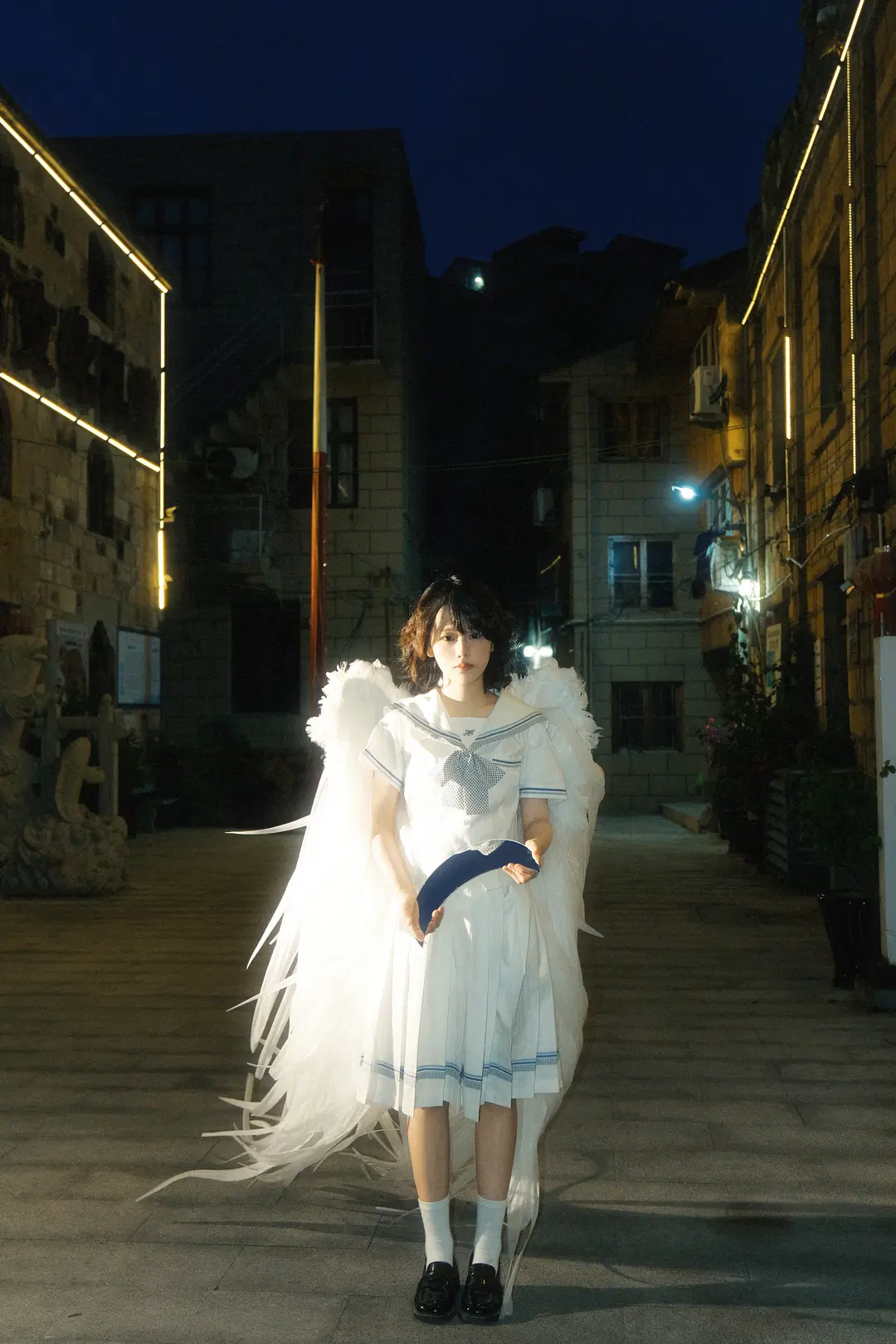 氛围感摄影, 夜景人像, 天使cos, 水手服少女, 羽翼写真