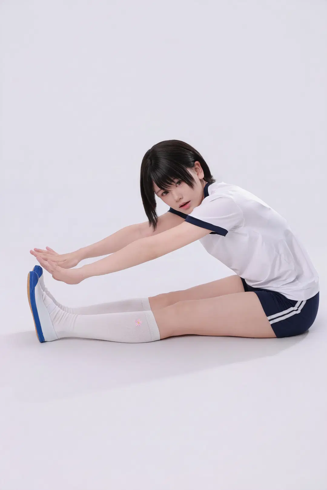 运动风cosplay, 白棚摄影, 白丝袜, 日系体操服, 拉伸姿势参考