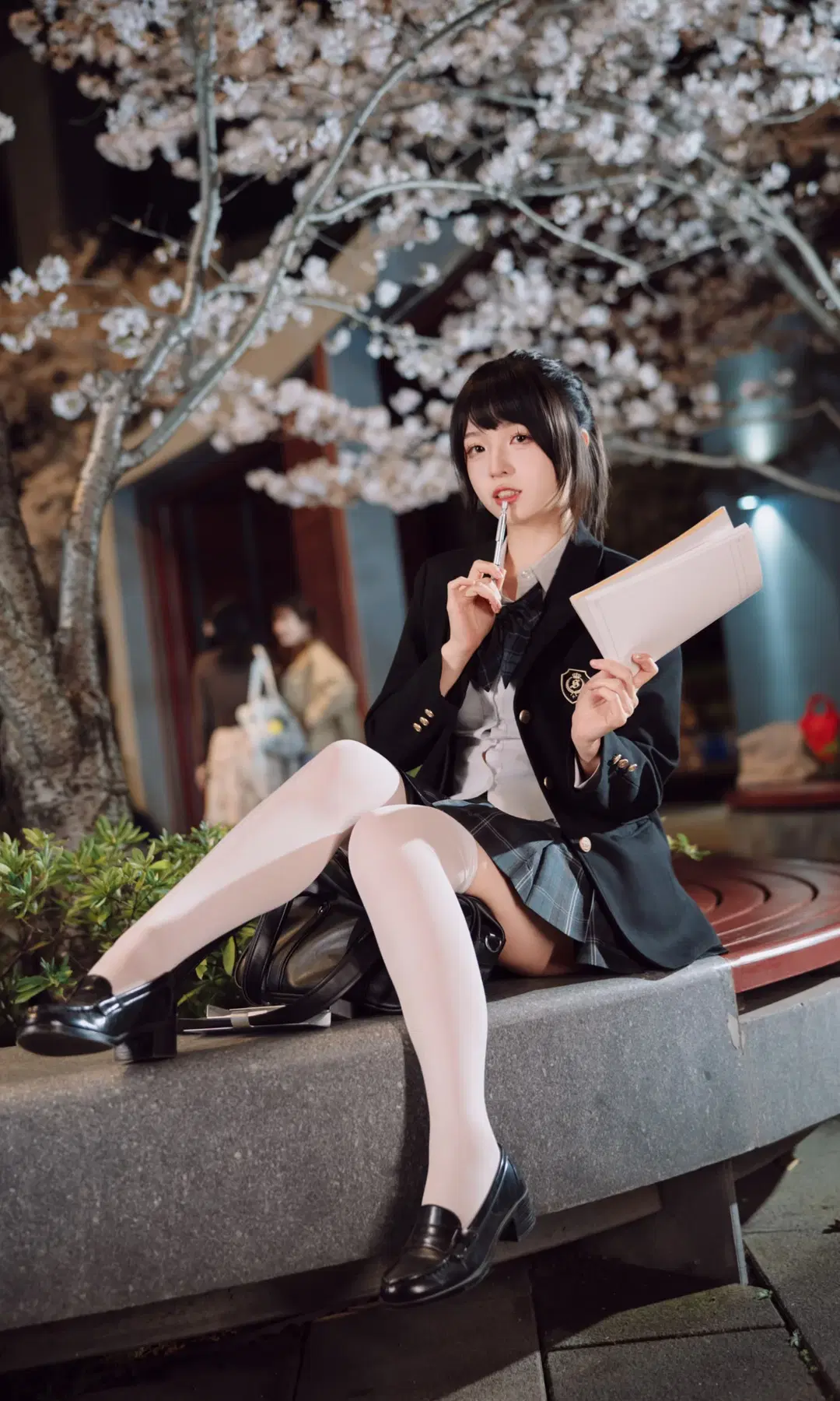 JK制服, 夜樱, 白丝, 日系写真, 清冷感