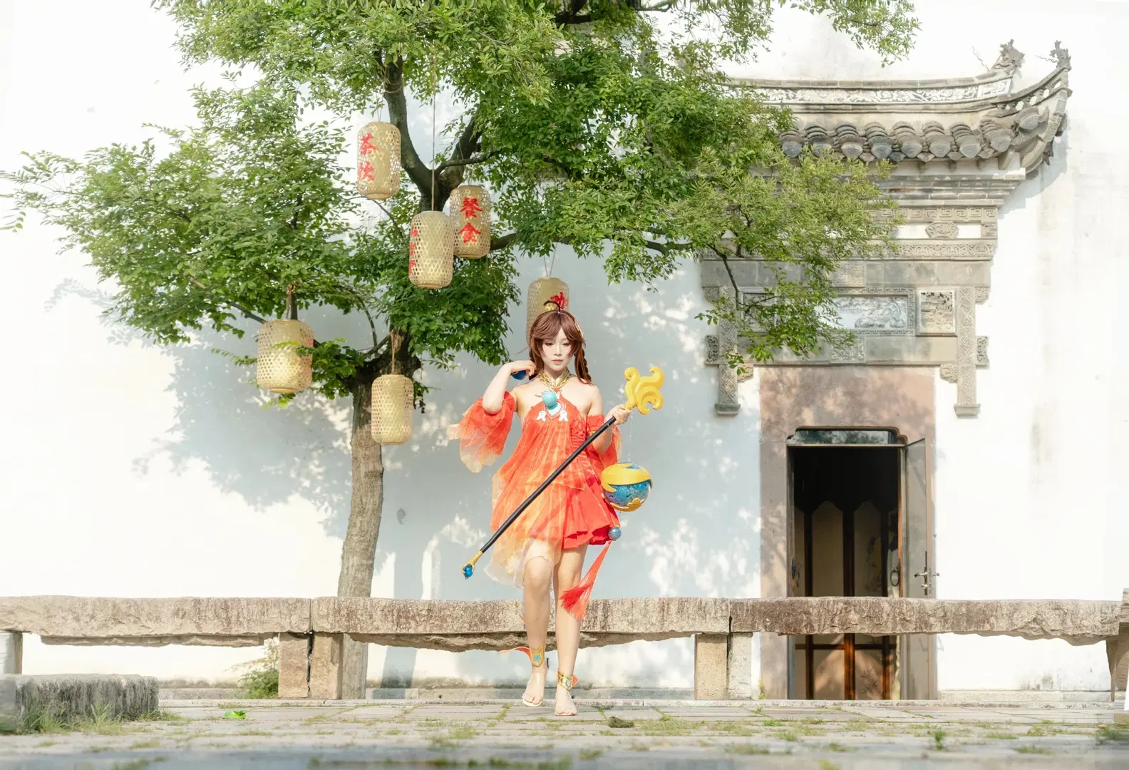 cosplay, 大乔cos, 中式庭院, 法杖道具, 橙色纱裙