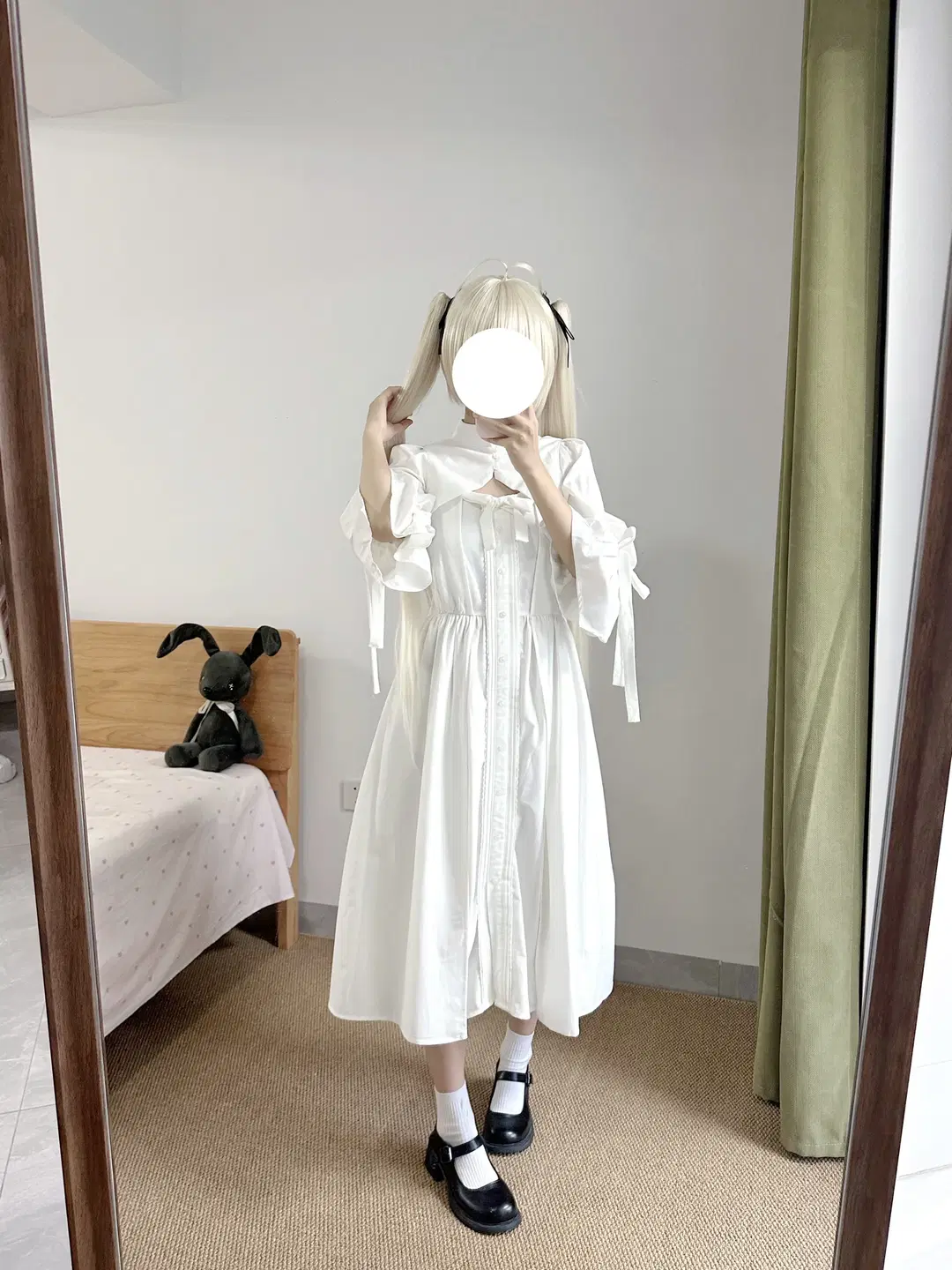 春日野穹cos, 缘之空, 对镜自拍, 白裙双马尾, 穹妹常服