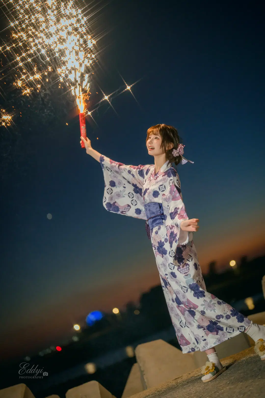 Night portrait, Japanese style cosplay, Summer festival, Yukata photoshoot, Fireworks festival