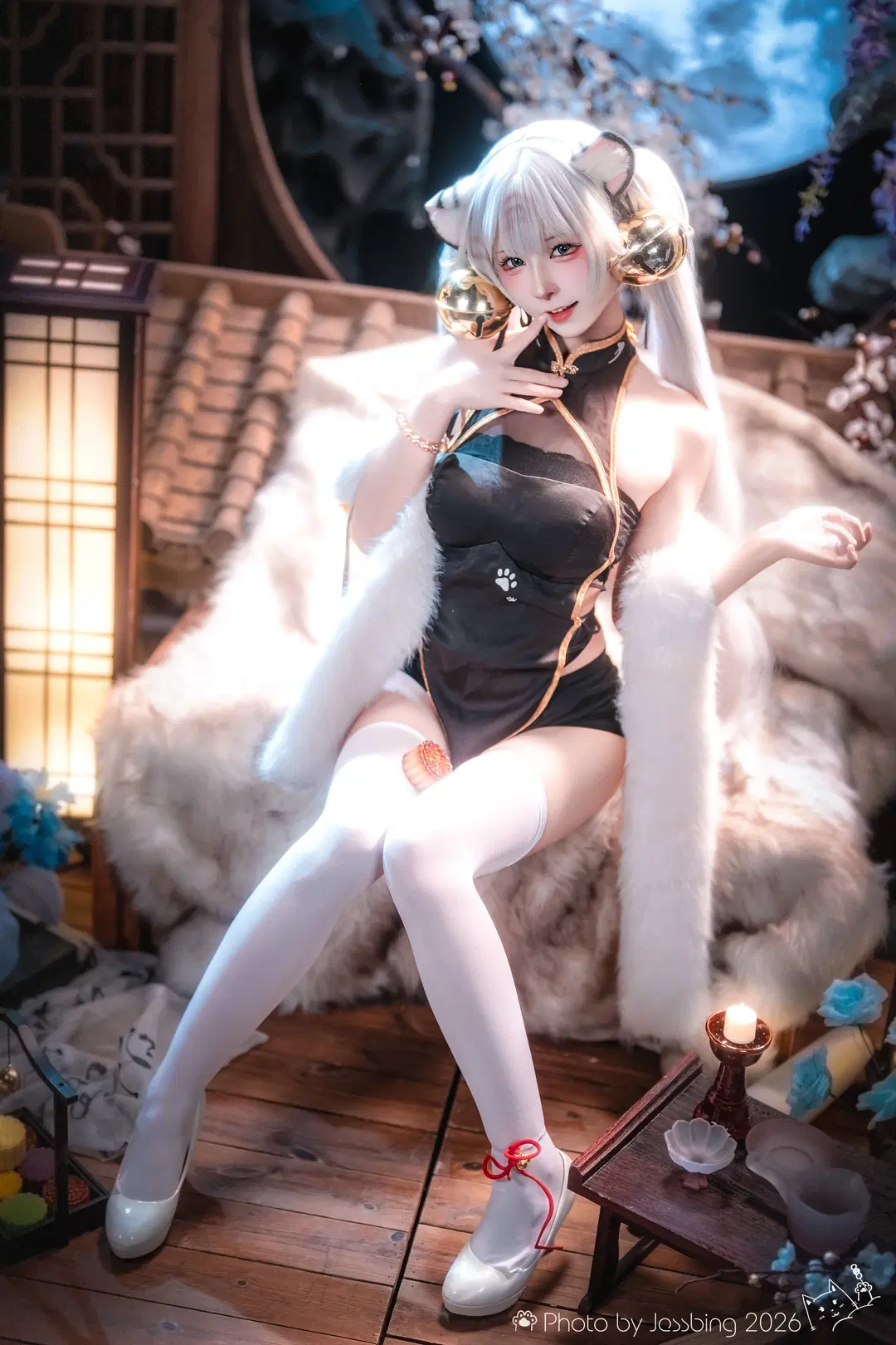 二次元摄影, 白虎娘cos, 白丝, 国风旗袍, 兽耳娘