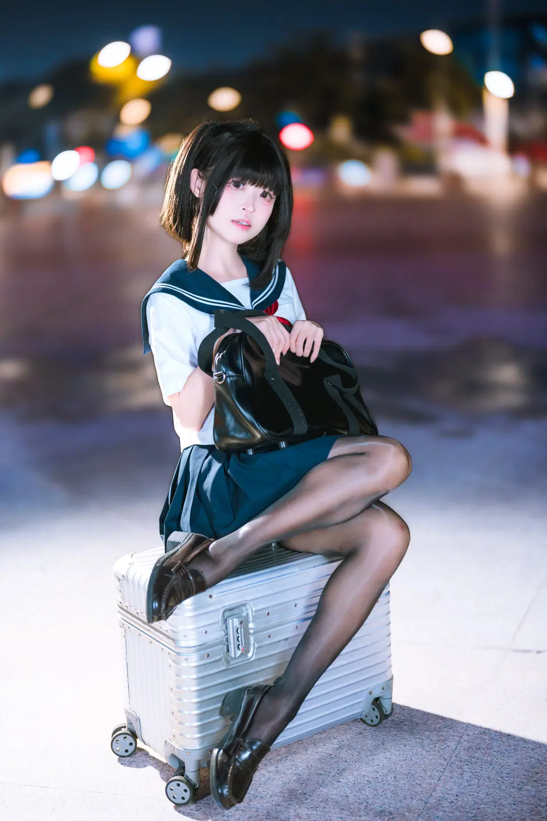 JK制服, 夜景拍照, 水手服, 黑丝, cosplay摄影