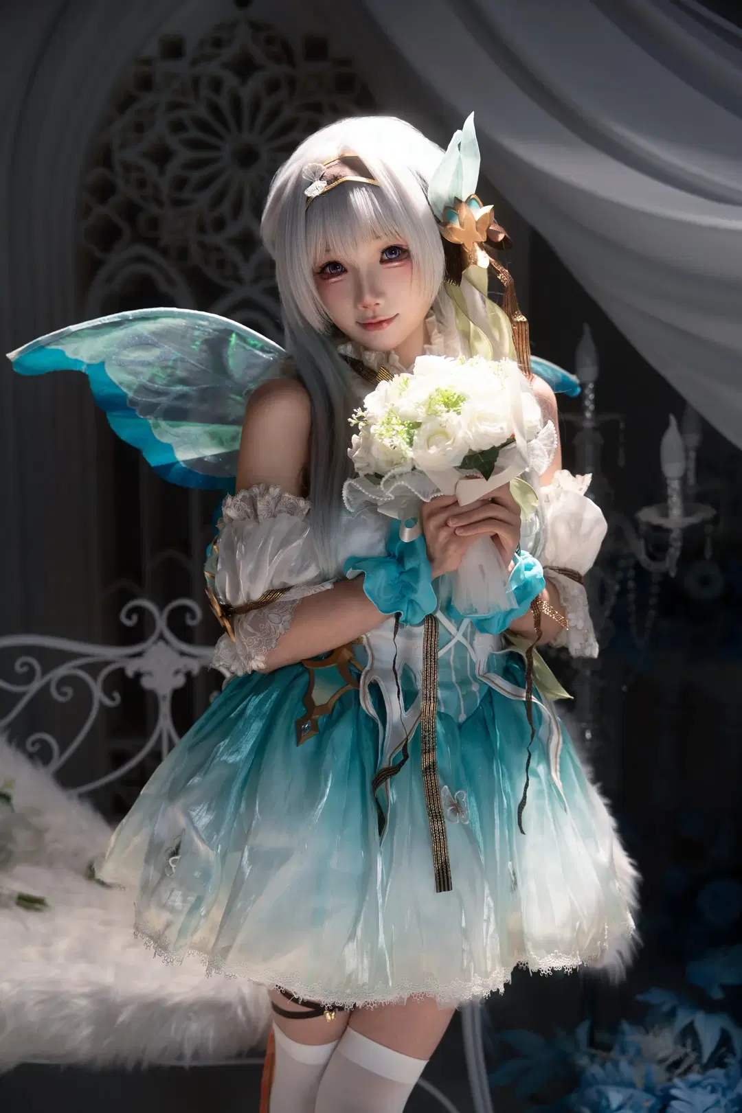[Firefly cosplay] Blue-Green Gradient Elven Style Gown with Semi-Sheer Butterfly Wings: Dreamy Aesthetic Dialed to the Max by Calvin Zhou - Image 2