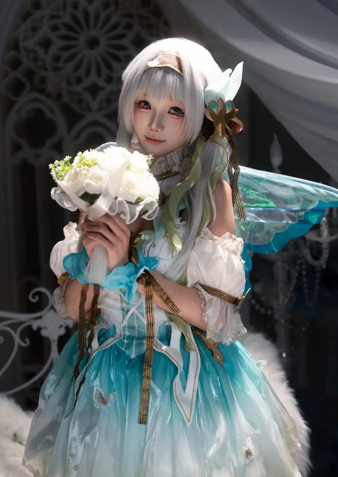 [Firefly cosplay] Blue-Green Gradient Elven Style Gown with Semi-Sheer Butterfly Wings: Dreamy Aesthetic Dialed to the Max by Calvin Zhou - Image 3