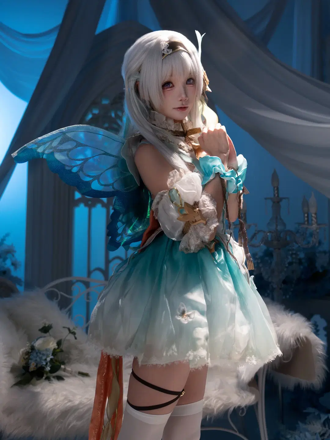 [Firefly cosplay] Blue-Green Gradient Elven Style Gown with Semi-Sheer Butterfly Wings: Dreamy Aesthetic Dialed to the Max by Calvin Zhou - Image 4