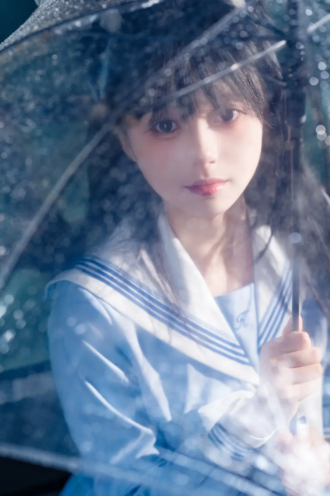【セーラー服JK】雨夜の猫耳クリア傘の下に佇む白ニーソ - 猫活150 - 2枚目