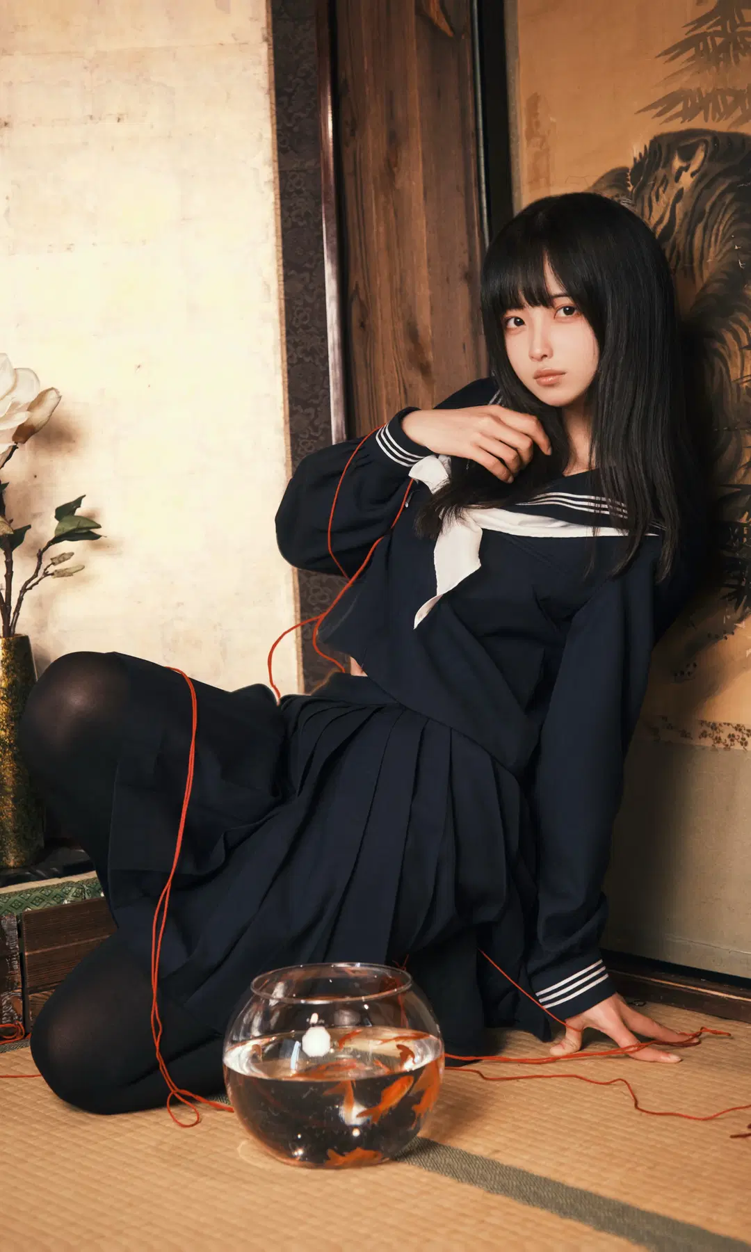 Long straight hair Sailor suit and goldfish with red ropes, Fujifilm's direct-out film-like Japanese style photography in a washitsu by 雪漠漠漠丶 - Image 3