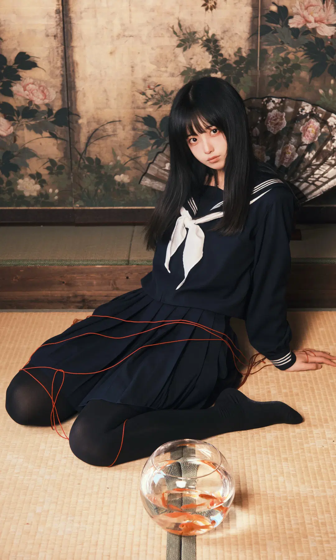 Long straight hair Sailor suit and goldfish with red ropes, Fujifilm's direct-out film-like Japanese style photography in a washitsu by 雪漠漠漠丶 - Image 4