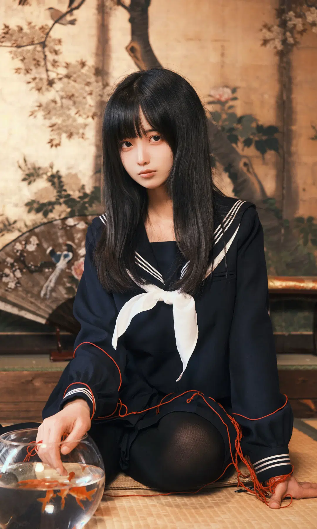Long straight hair Sailor suit and goldfish with red ropes, Fujifilm's direct-out film-like Japanese style photography in a washitsu by 雪漠漠漠丶 - Image 5