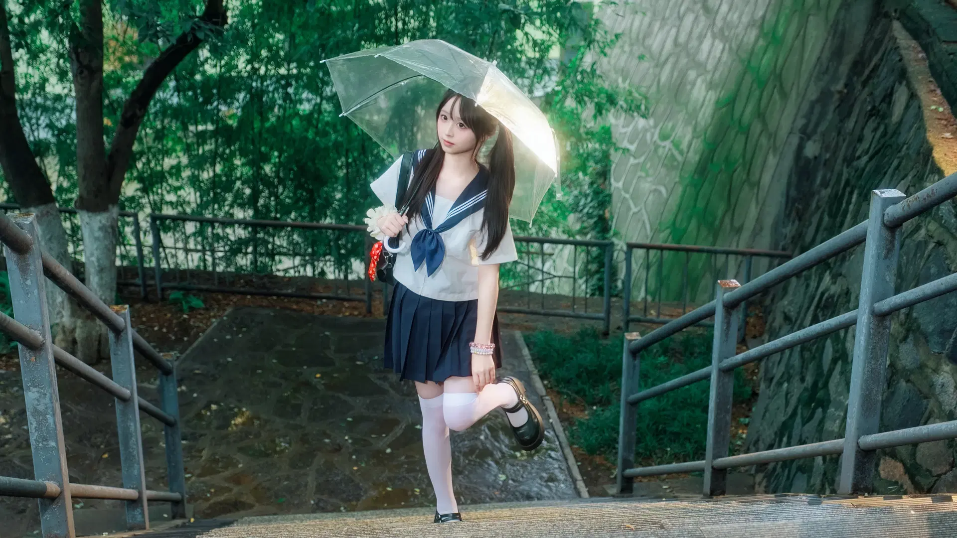 JK制服, 白丝, 水手服, 透明伞, 雨后写真