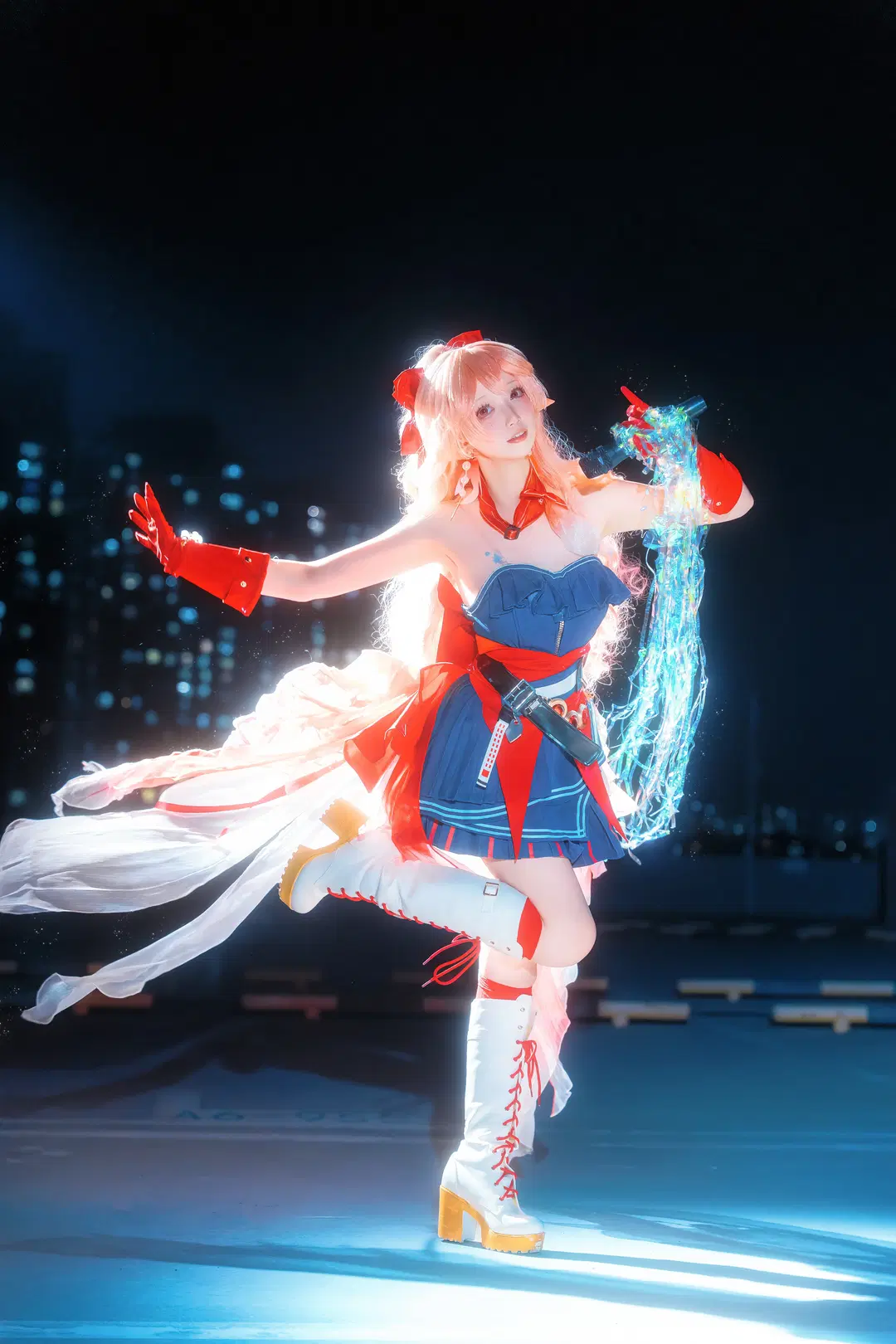 Arknights, White stockings, Arknights cosplay, Momoka Hanyuu cosplay, rooftop night view