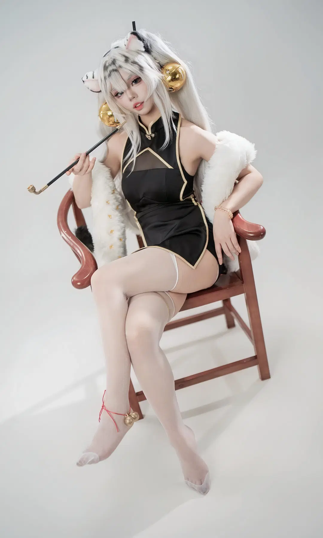 White tiger girl cosplay, White stockings, Kemonomimi girl, Studio portrait, Modern Cheongsam
