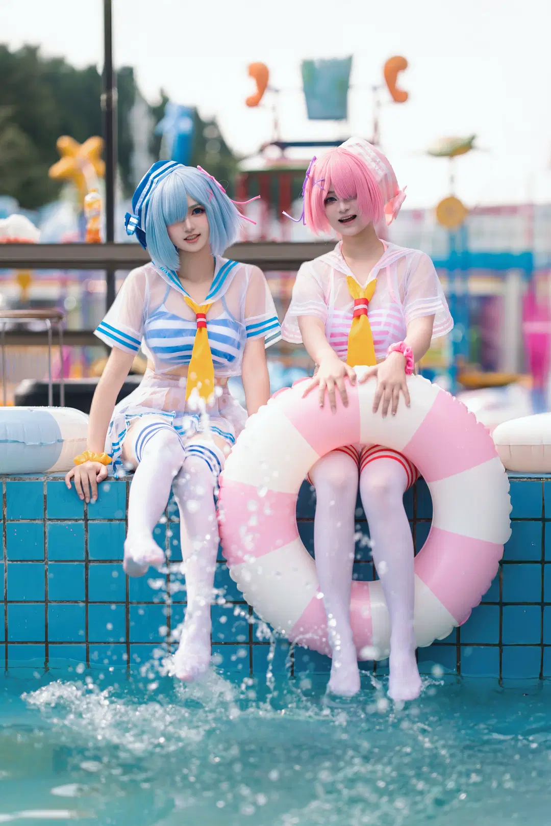 二次元撮影, 水着コスプレ, レム・ラム コスプレ, Re:ゼロから始める異世界生活, 白ストッキング