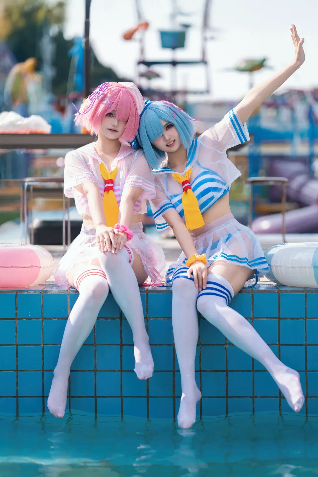 蕾姆cos, 從零開始的異世界, 泳池cosplay, 拉姆cos, 絲襪cos