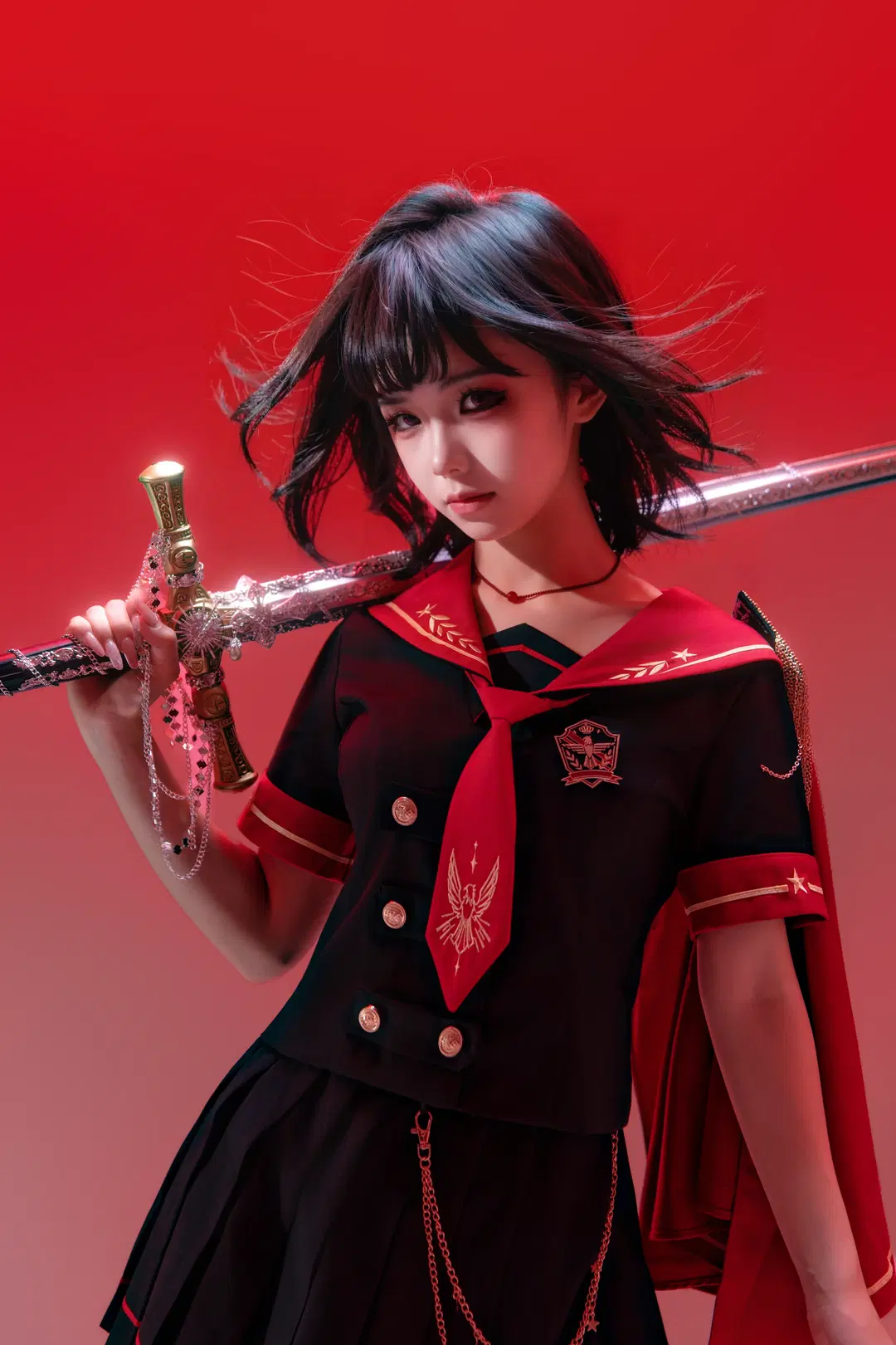 黒赤軍服風制服と大剣のスタジオ撮影、凛々しく美しい少女暴君の9枚組 - 海海📸 - 4枚目