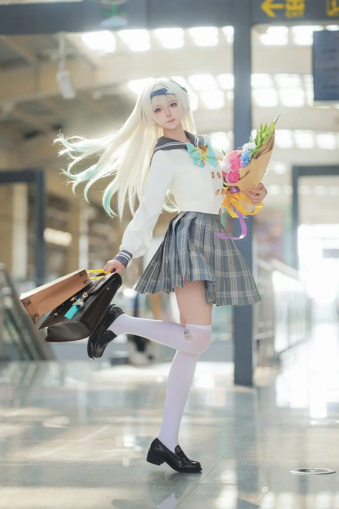 Firefly cosplay, Anime cosplay, White stockings, Sailor suit cosplay, Silver-haired girl