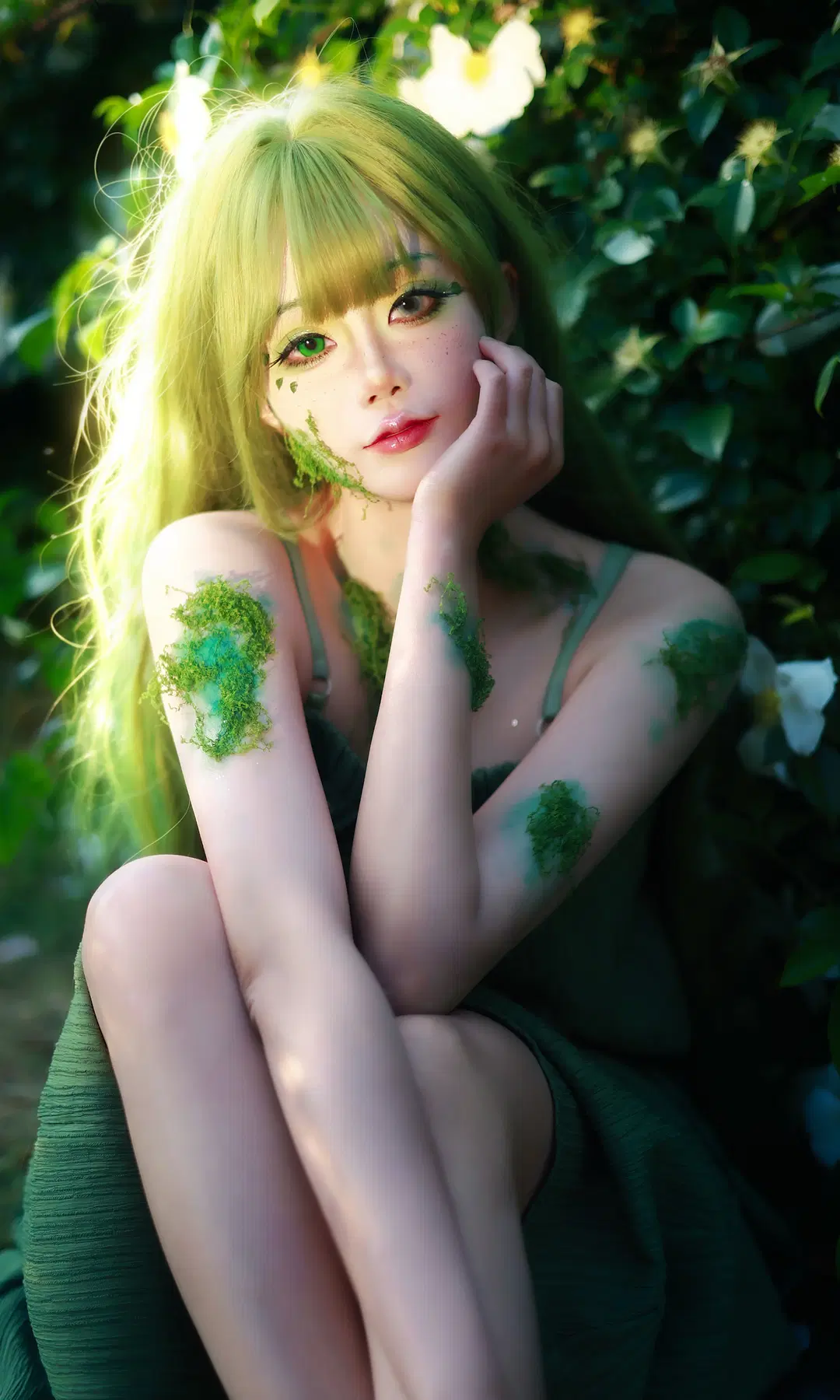 cosplay, 奇幻风格, 精灵cos, 森林系写真, 绿色系妆容