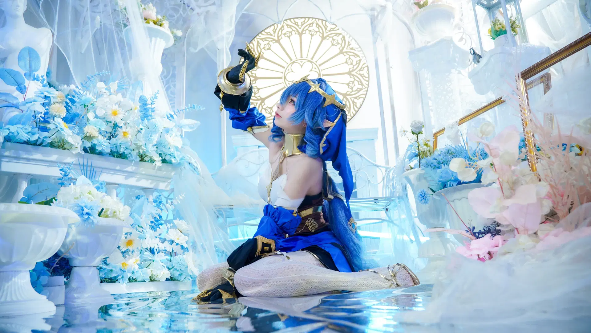 Genshin Impact, Dreamy scene, White stockings, Cosplay photography, Layla cosplay