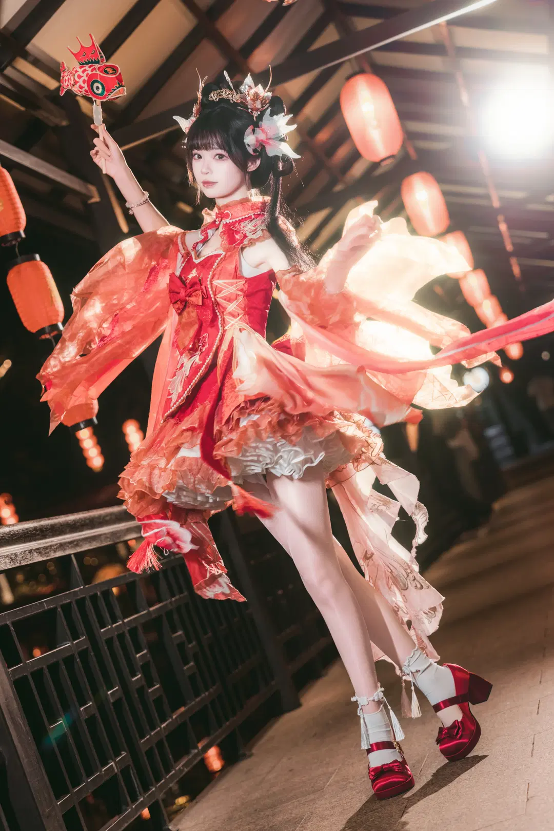 夜景写真, 汉服cosplay, 丝袜美腿, 中秋节, 锦鲤灯笼