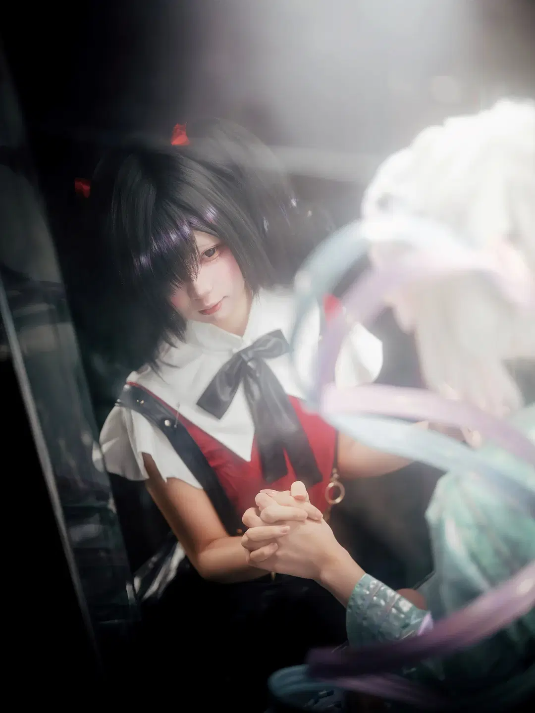 Twin Tails in a Red Dress: A Nocturnal Encounter by the Luminous Glass Showcase