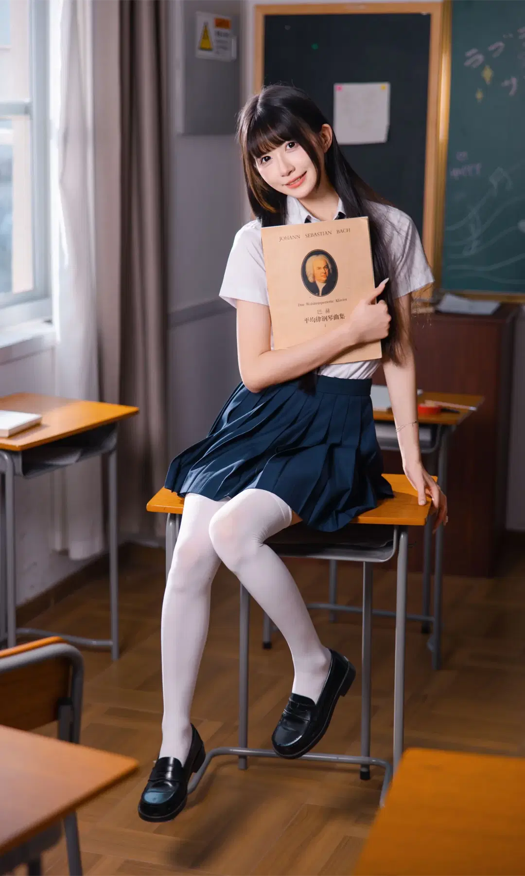 教室の白ニーソとプリーツスカート、青春のキャンパス風がいっぱい - Fe - 8枚目