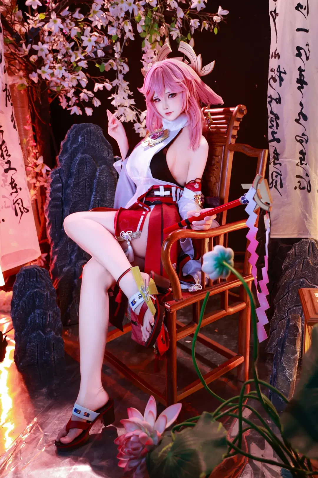 Genshin Impact, Cosplay photography, Yae Miko cosplay, Japanese-style photoshoot, Pink hair styling