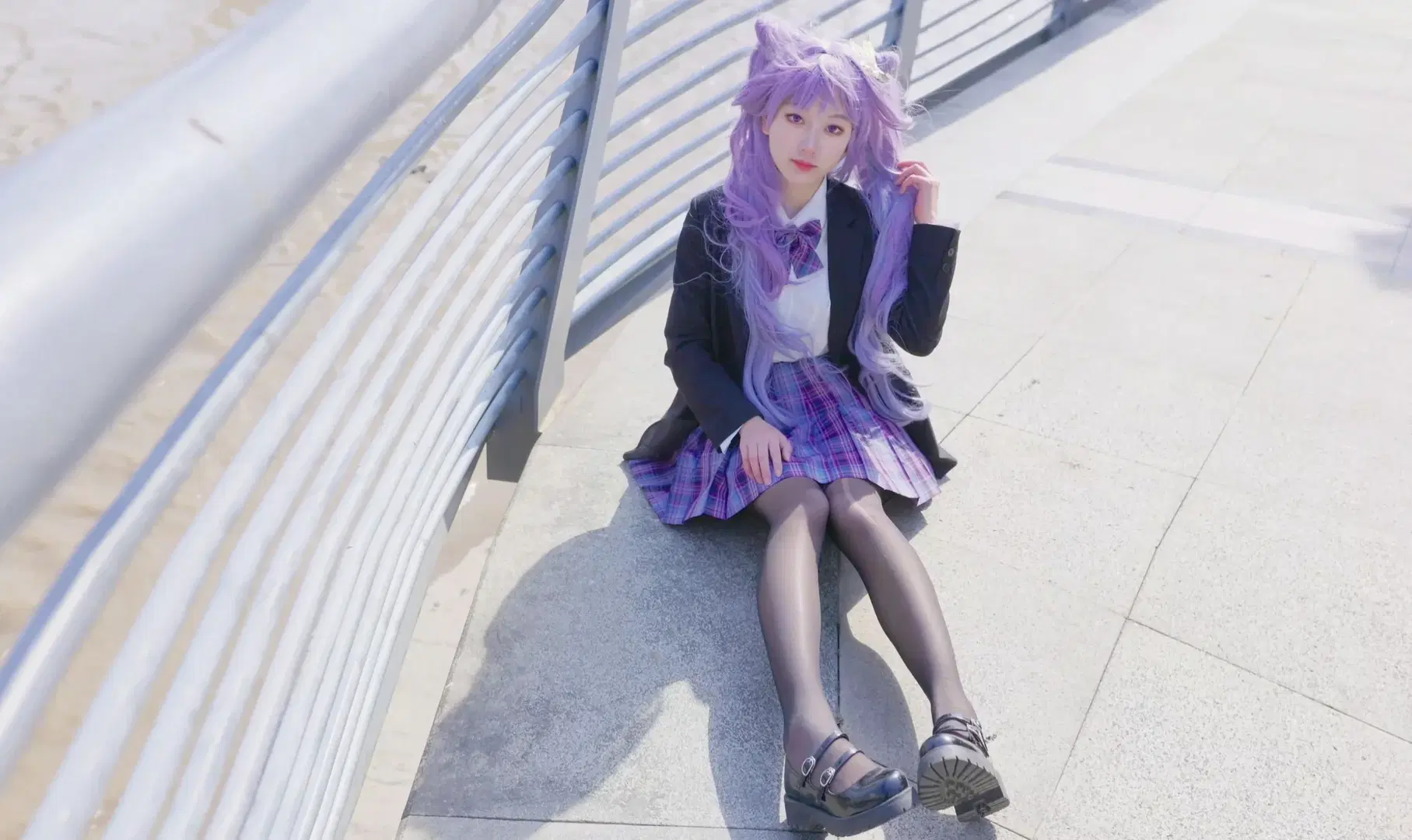 【刻晴cos】原神刻晴的JK制服日常，江边漫步的紫发少女 - 清风揽月 - 第3张