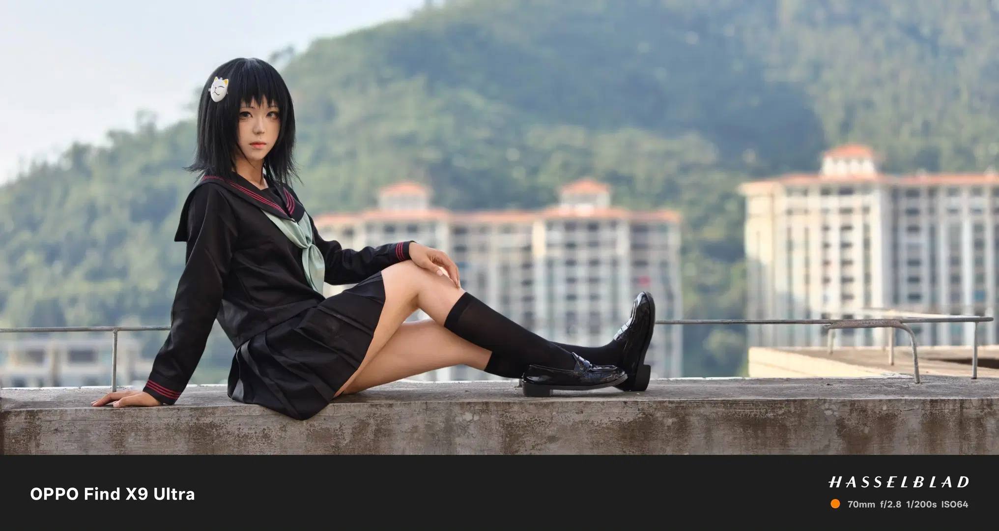 黑丝穿搭, 日系校园风, 天台写真, 黑水手服cos, 手机人像摄影
