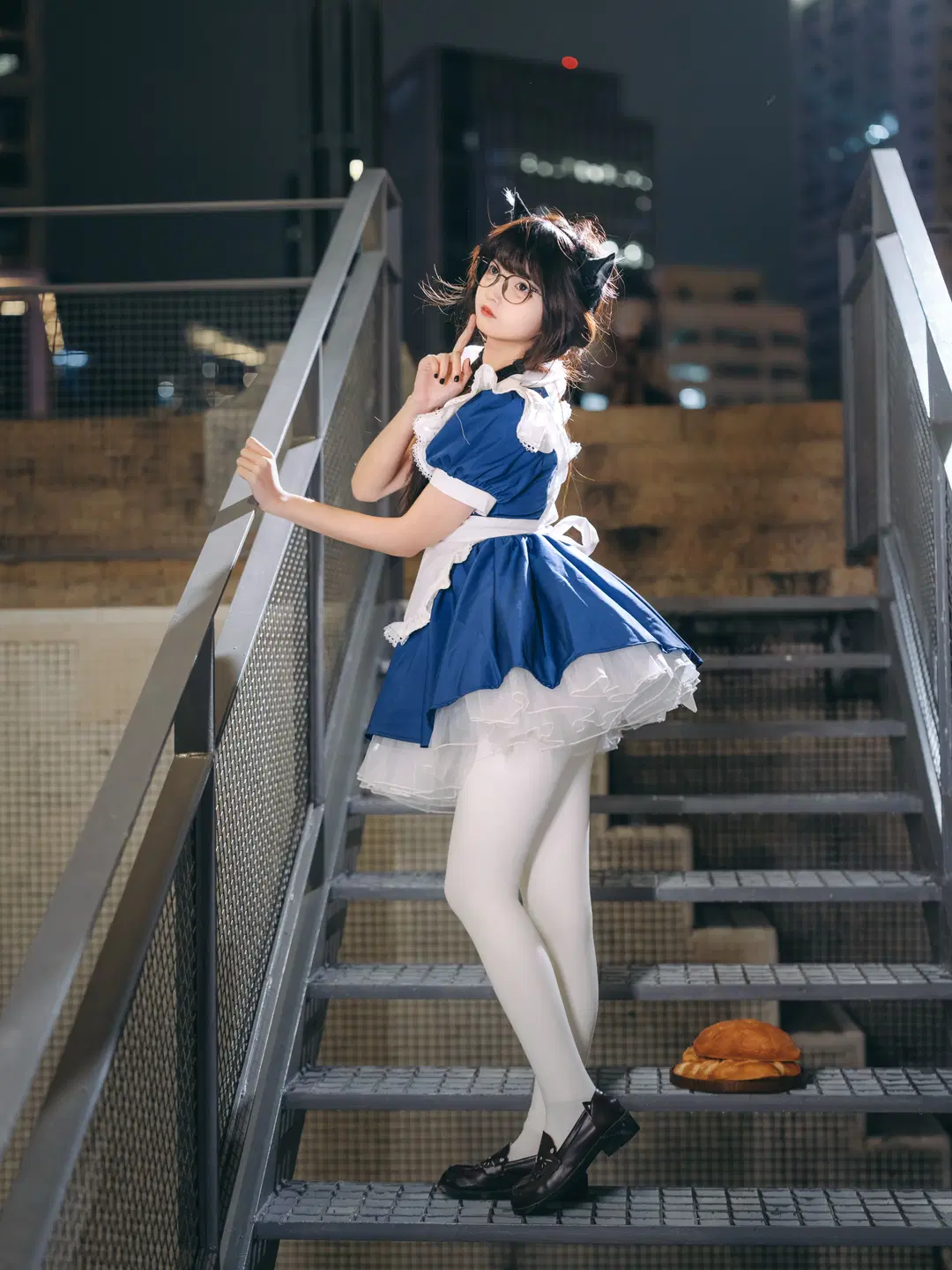 二次元摄影, 白丝, 夜景人像, 女仆装cos, 猫耳娘