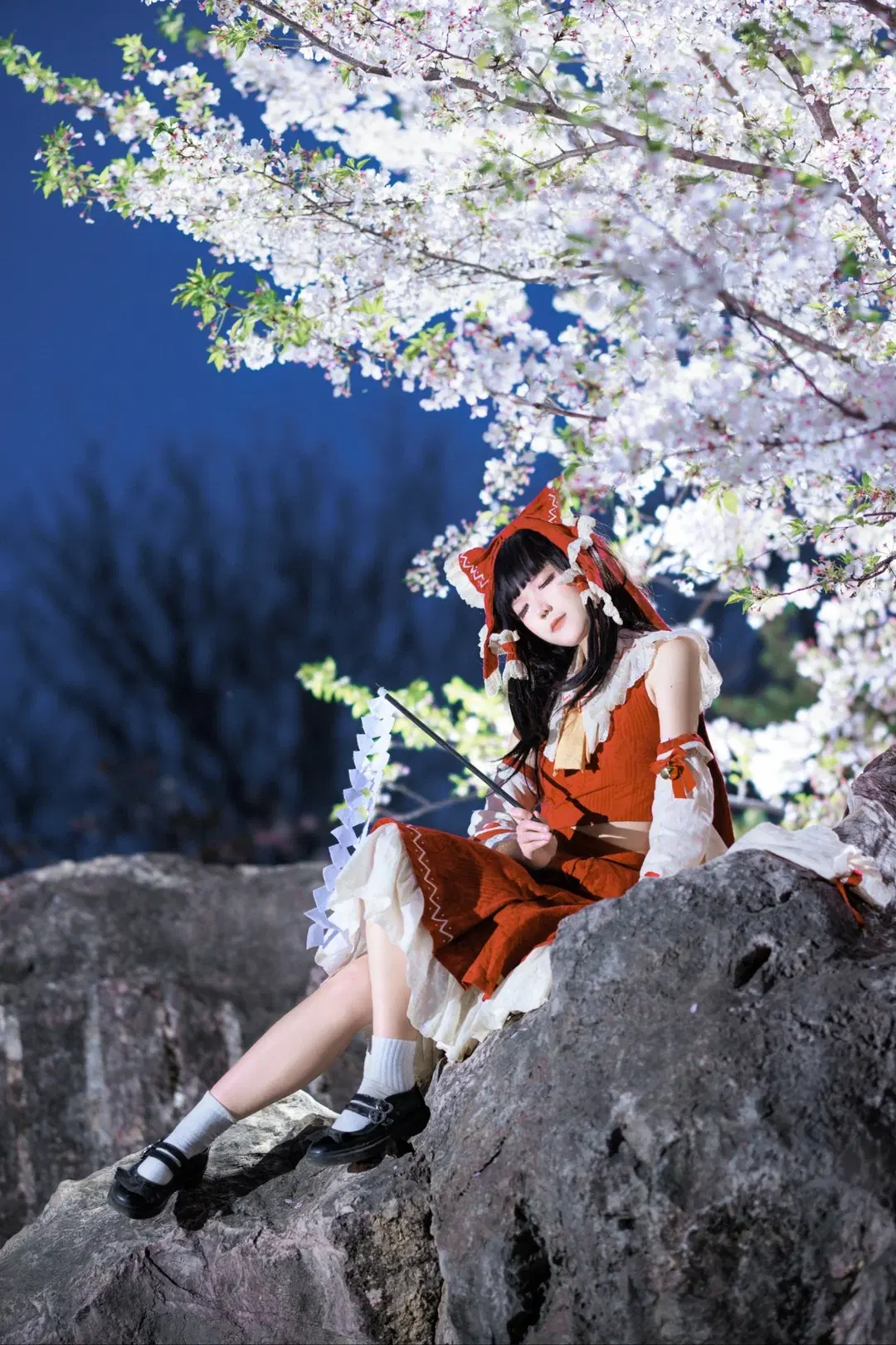 博丽灵梦cos, 东方Project, 夜景人像, Cosplay正片, 樱吹雪