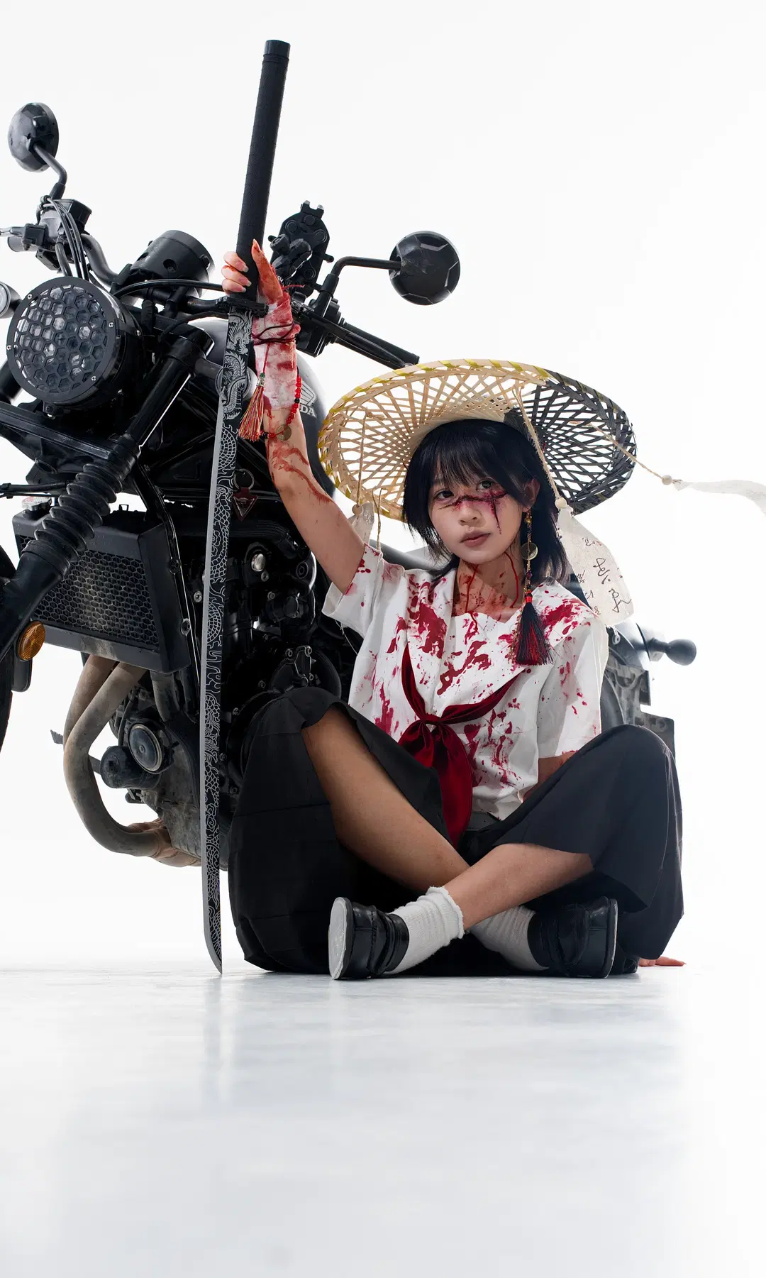 白棚摄影, 战损妆, 水手服cos, 机车少女, 丝袜