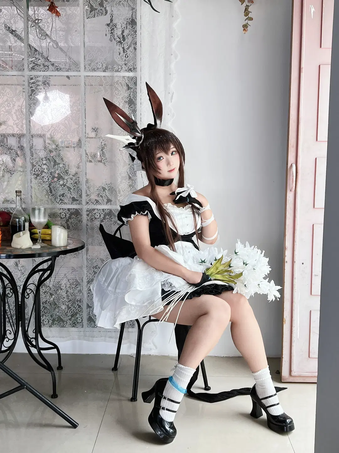 Maid outfit, Arknights, Amiya cosplay, White stockings, Cosplay photoshoot